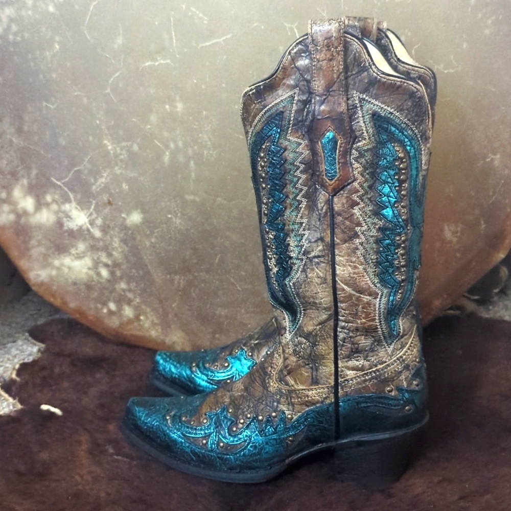 CORRAL R1232 distressed brown & turquoise studded Thunderbird cowgirl boots 6.5 - Picture 2 of 16